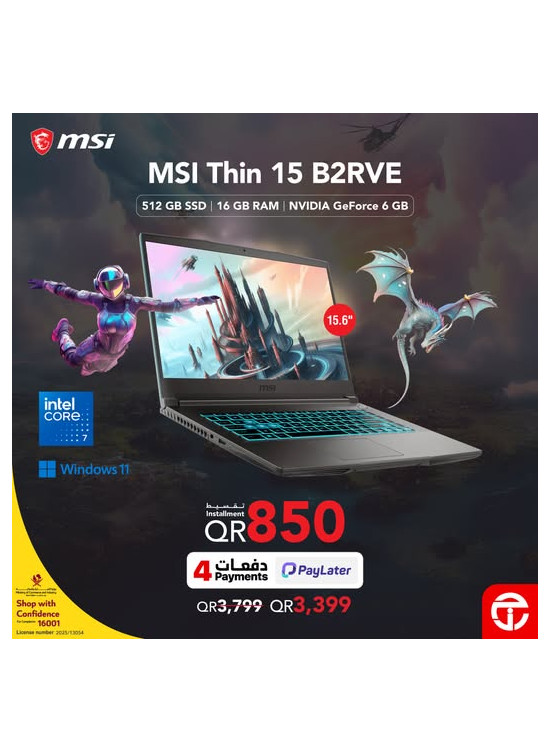 عرض خاص على ابتوب الألعاب Msi Thin 15 B2RVE