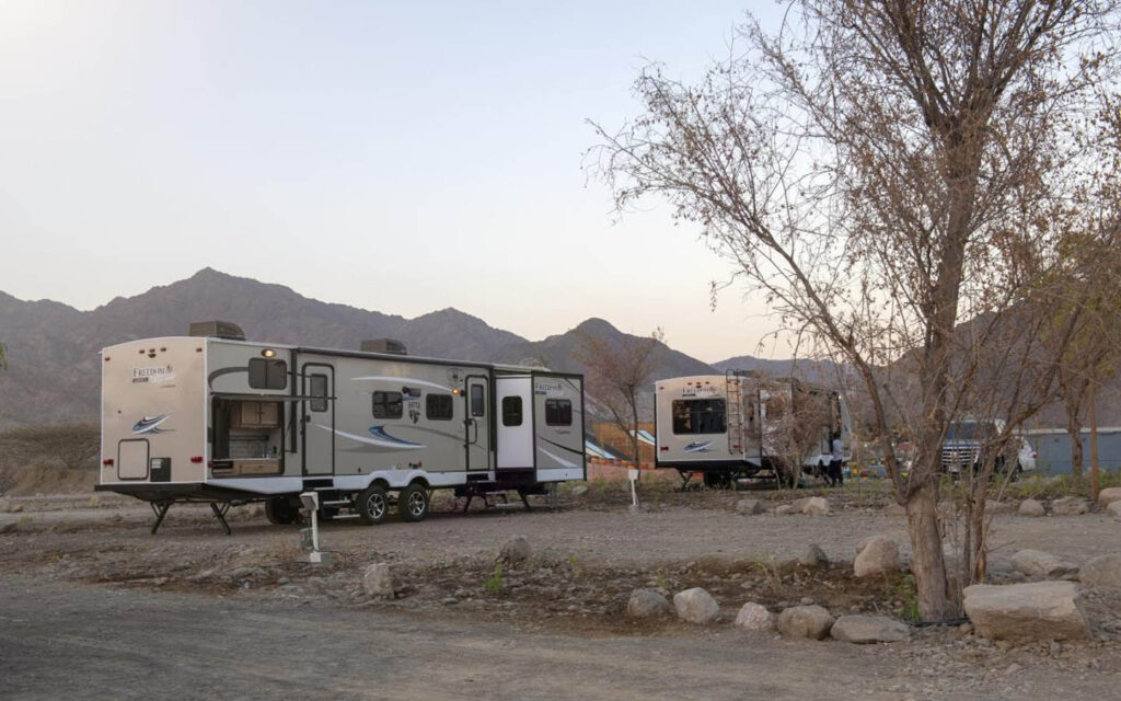 luxe caravans lined up at Hatta Caravan Park glamping area