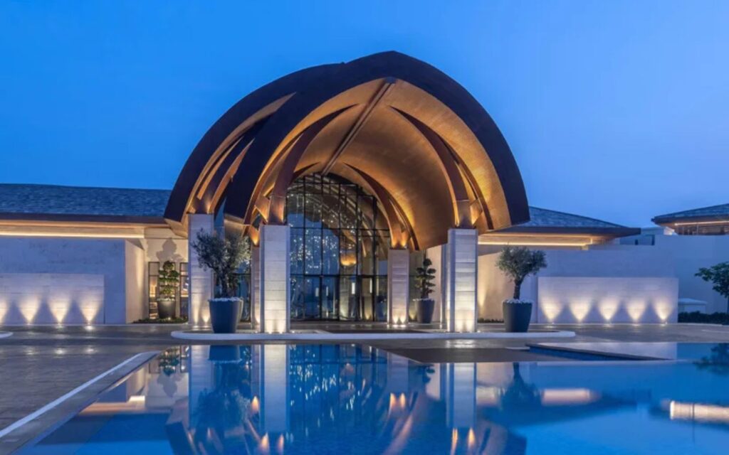 Entrance and exterior of Anantara Mina Al Arab resort overlooking mangrove lagoon in Ras Al Khaimah