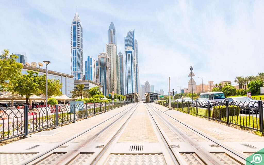 Dubai Tram connecting Marina, JBR, and Al Sufouh with screen-door stations