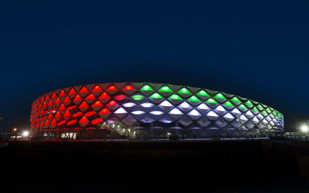 Hazza Bin Zayed Stadium exterior inspired by a palm trunk pattern in Al Ain