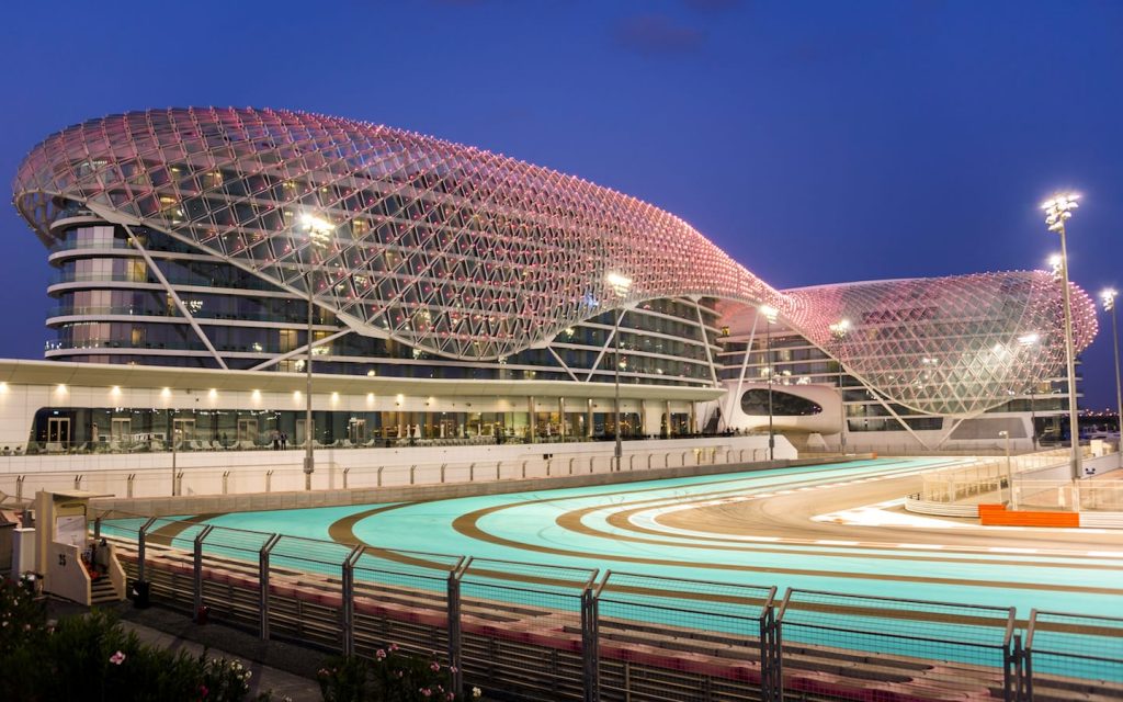 W Abu Dhabi hotel with illuminated gridshell over Yas Marina Circuit