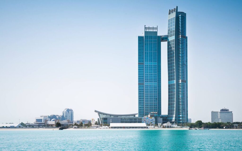 Nation Towers twin skyscrapers with skybridge on Abu Dhabi Corniche