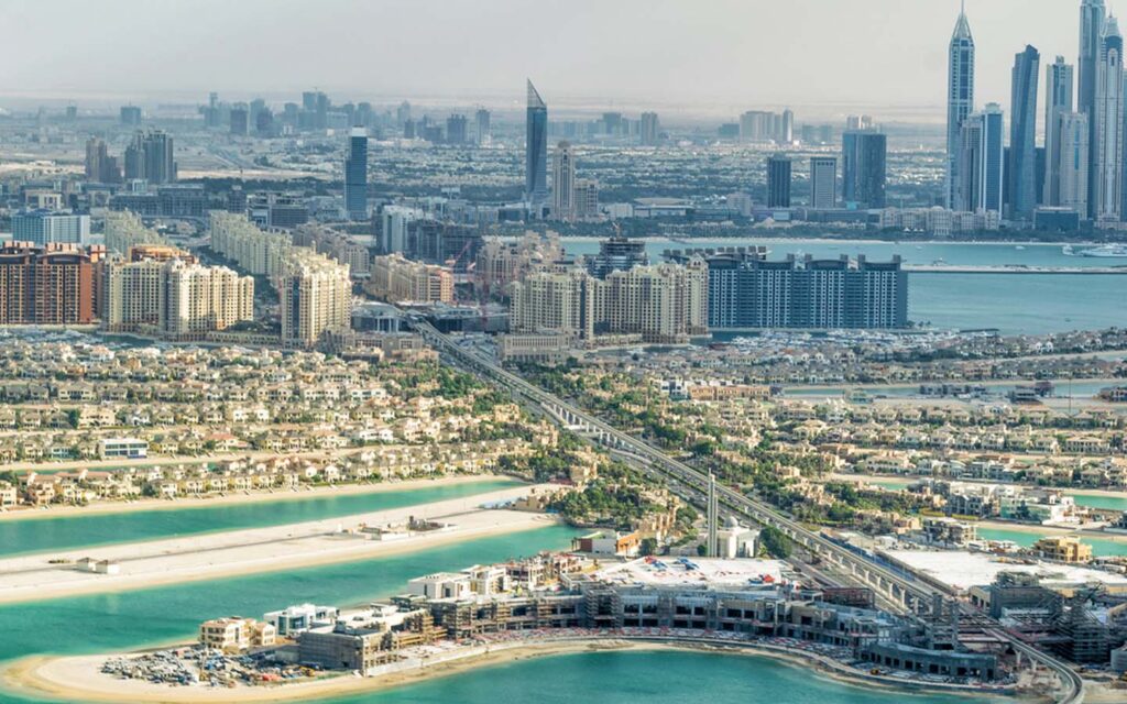 Panoramic aerial view of Palm Jumeirah from The View at The Palm