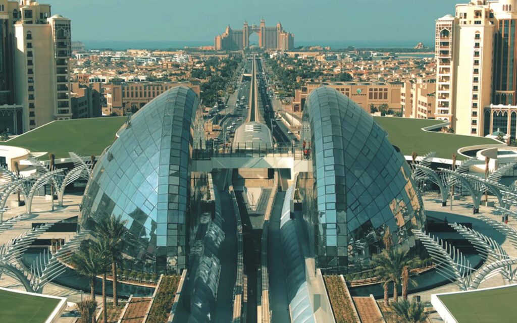 Aerial view of Nakheel Mall Monorail Station near The Palm Tower