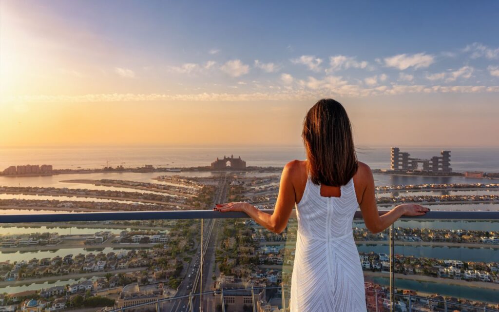 Dining setup at The View at The Palm with sweeping skyline backdrop