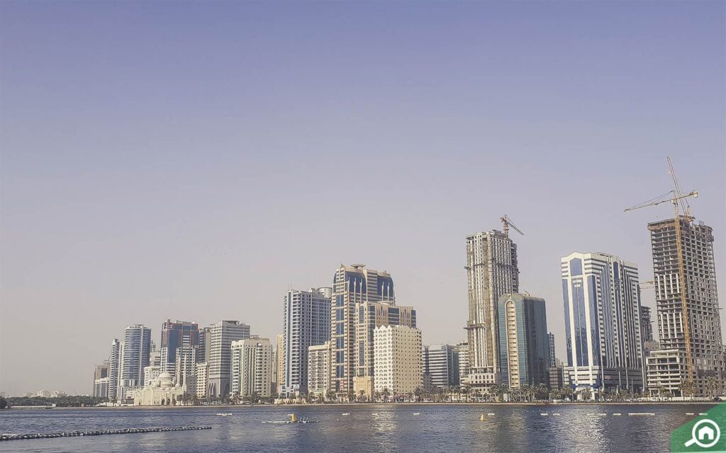 waterfront skyline of Al Majaz Sharjah with parks and lagoons