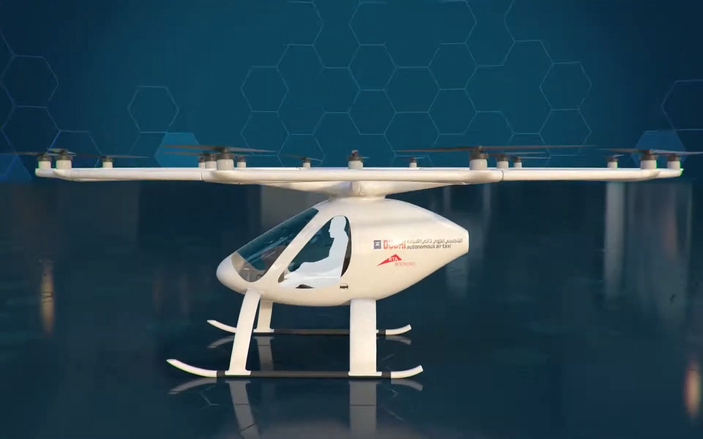 concept image of a Dubai eVTOL vertiport and aerial taxis near the airport
