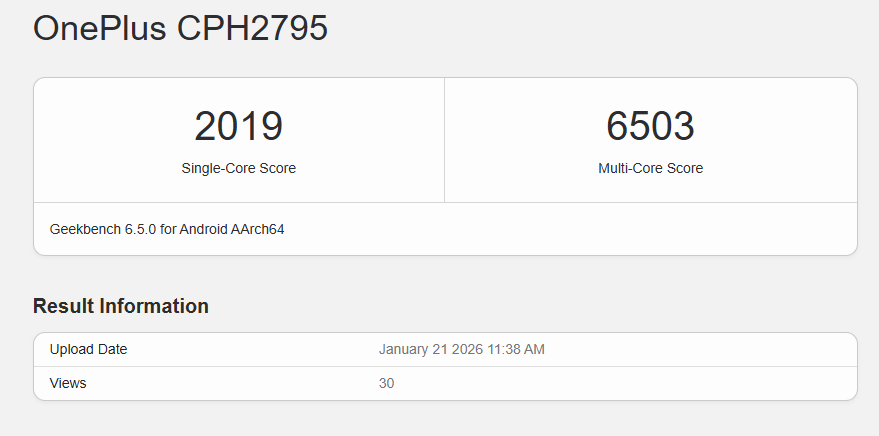 OnePlus Nord 6 Geekbench listing showing Snapdragon 8s Gen 4 processor details