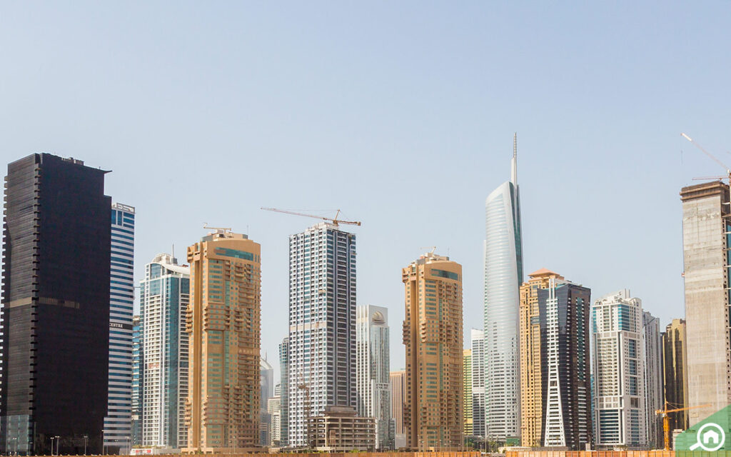 High-rise apartment towers around the lakes in JLT – popular with Indian expats