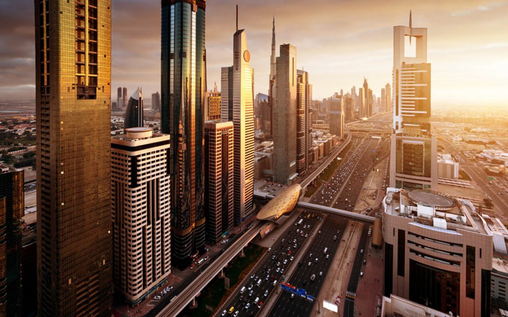 Dubai skyline with residential skyscrapers and waterfront