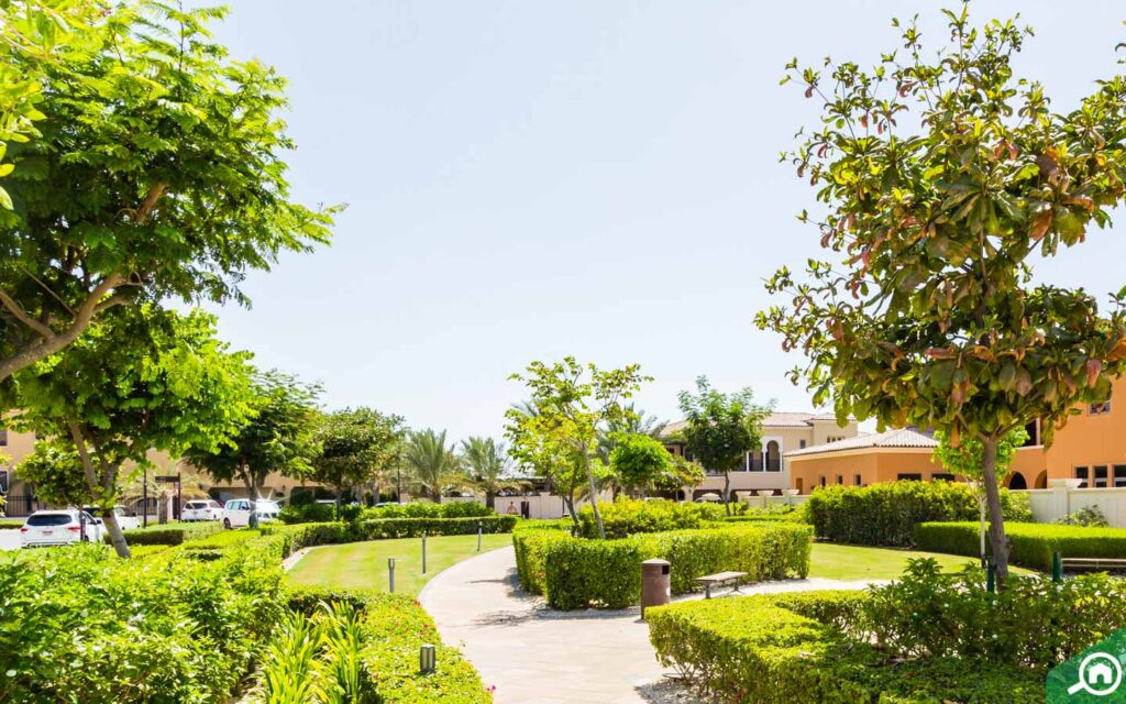 Lush gardens and luxury villas on Saadiyat Island with sea views