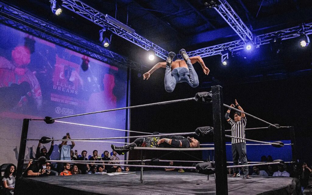 Wrestlers performing live at WrestleFest DXB in Dubai