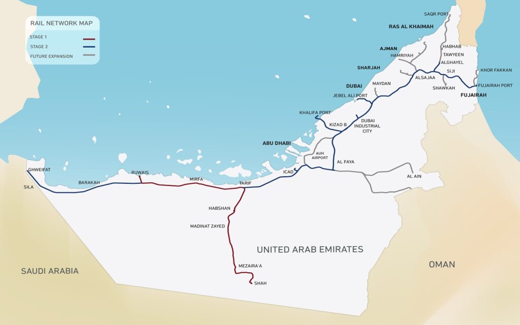 Etihad Rail UAE map showing Abu Dhabi to Dubai and northern emirates connections