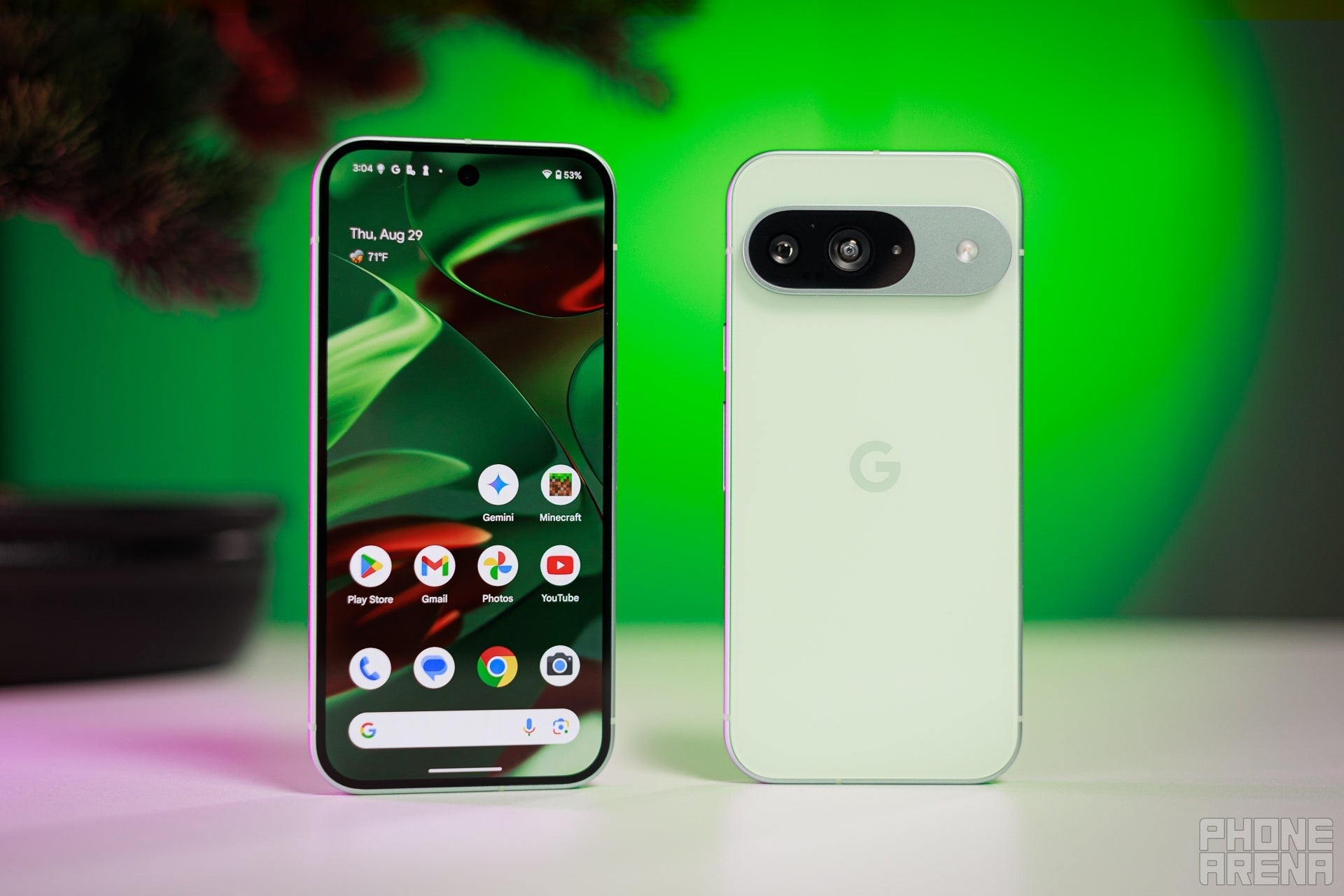 Google Pixel 9 front and back side by side showing premium design